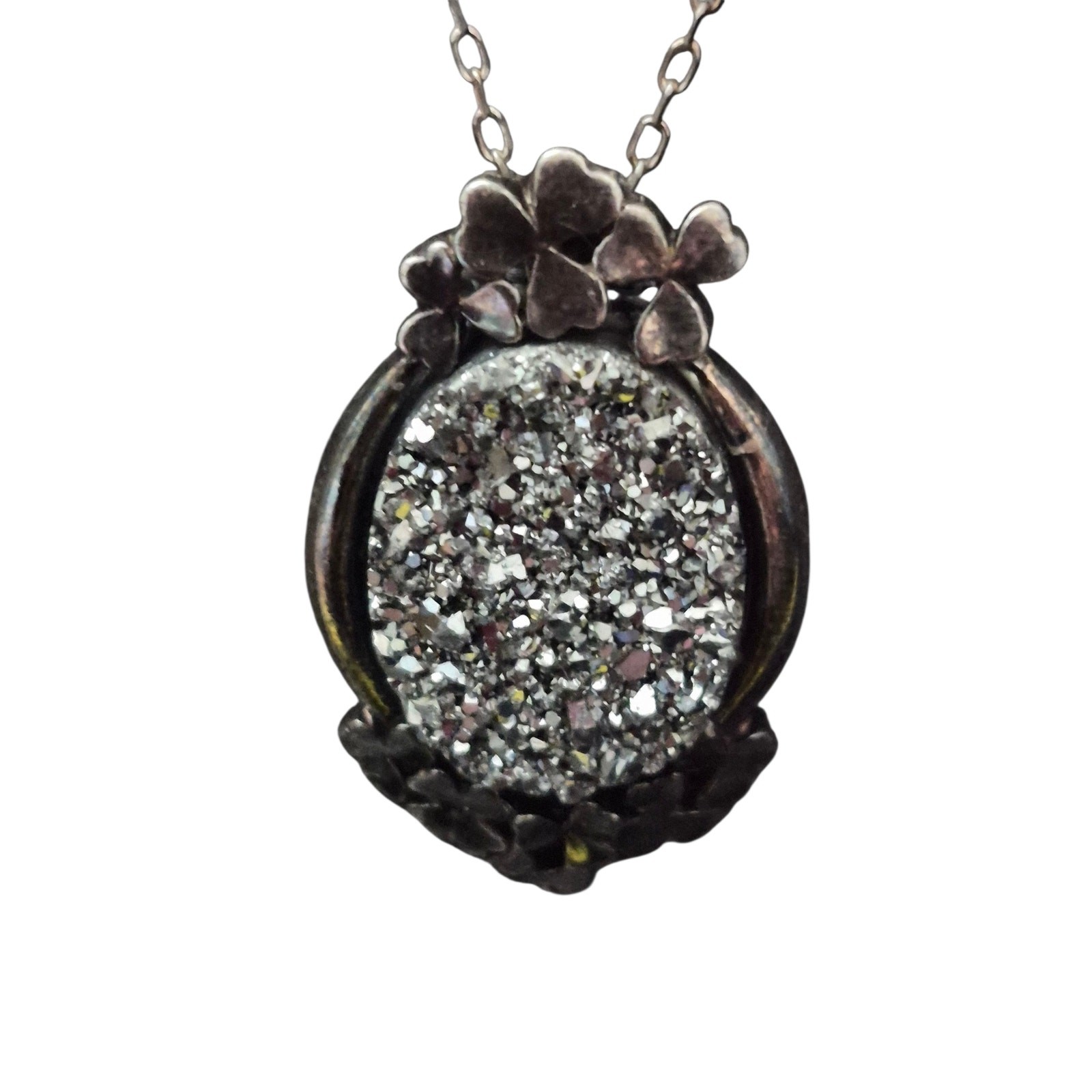 925 Silver Irish Clover Necklace with Druzy Quartz and Hallmark