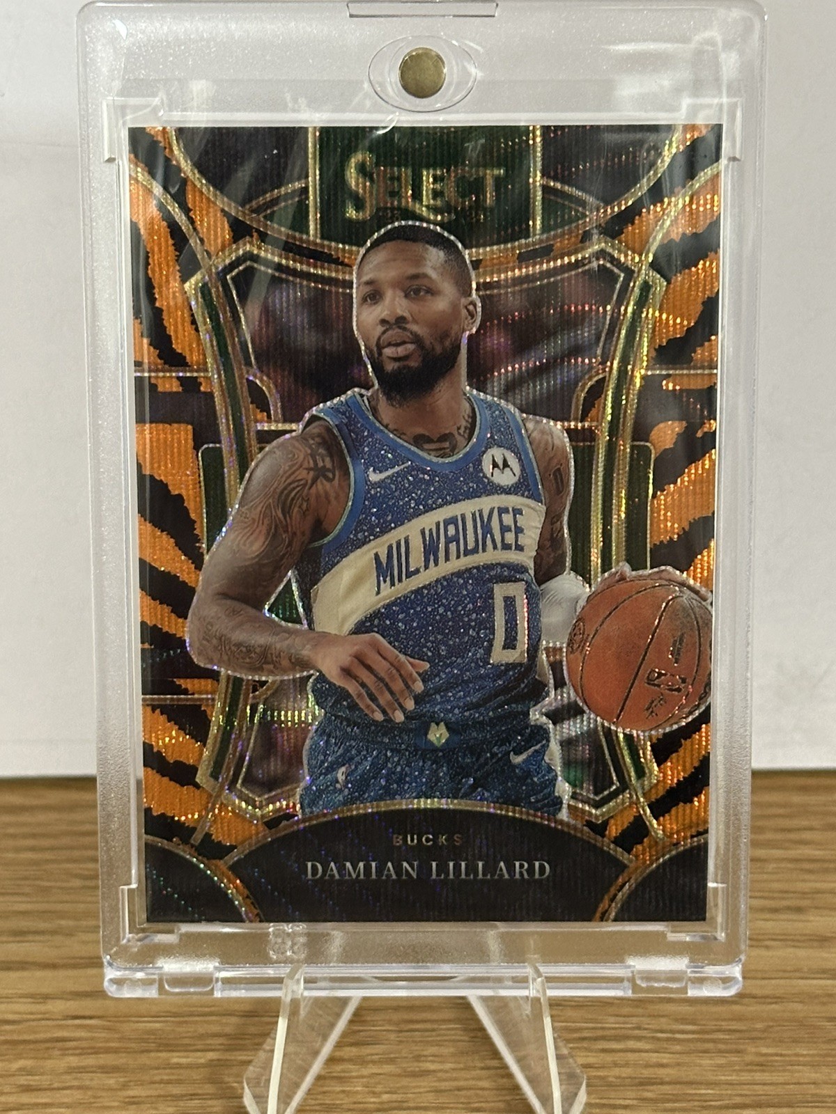 2023-24 Panini Select #338 Damian Lillard Mezzanine Tiger Stripes Prizm SSP