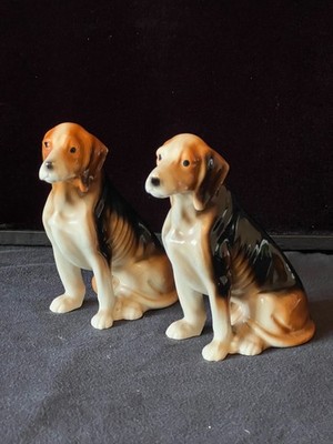 Paar 2 Vintage Keramik Hund Beagle Figuren | 14 cm sitzender Hund Welpen Set