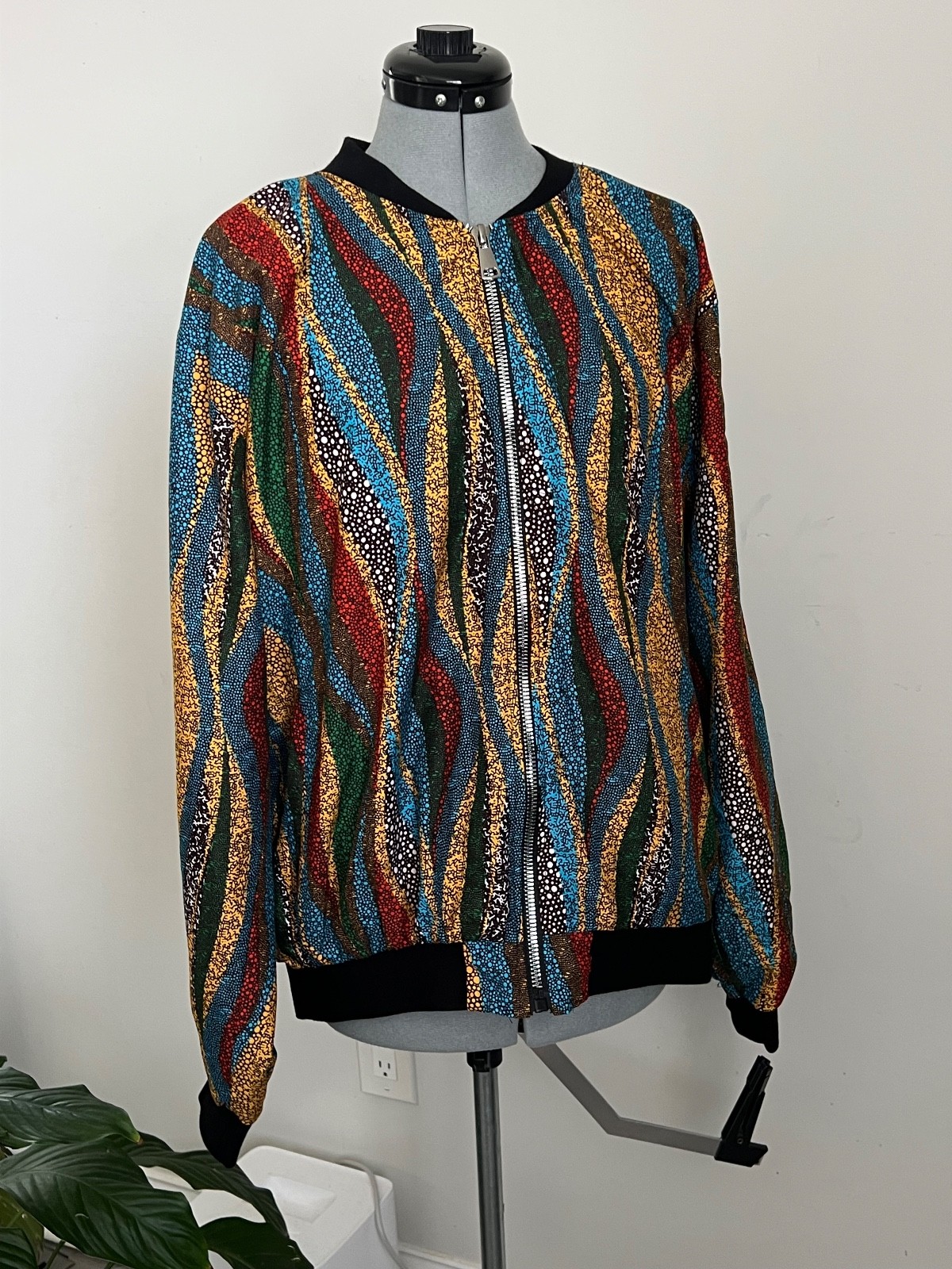 Multicolor Bomber Jacket Zip Abstract Pattern Afr… - image 1