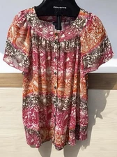 Fairycore East 5th Woman Blouse Orange Pink Elastic Waist Boho Peasant Top 1X