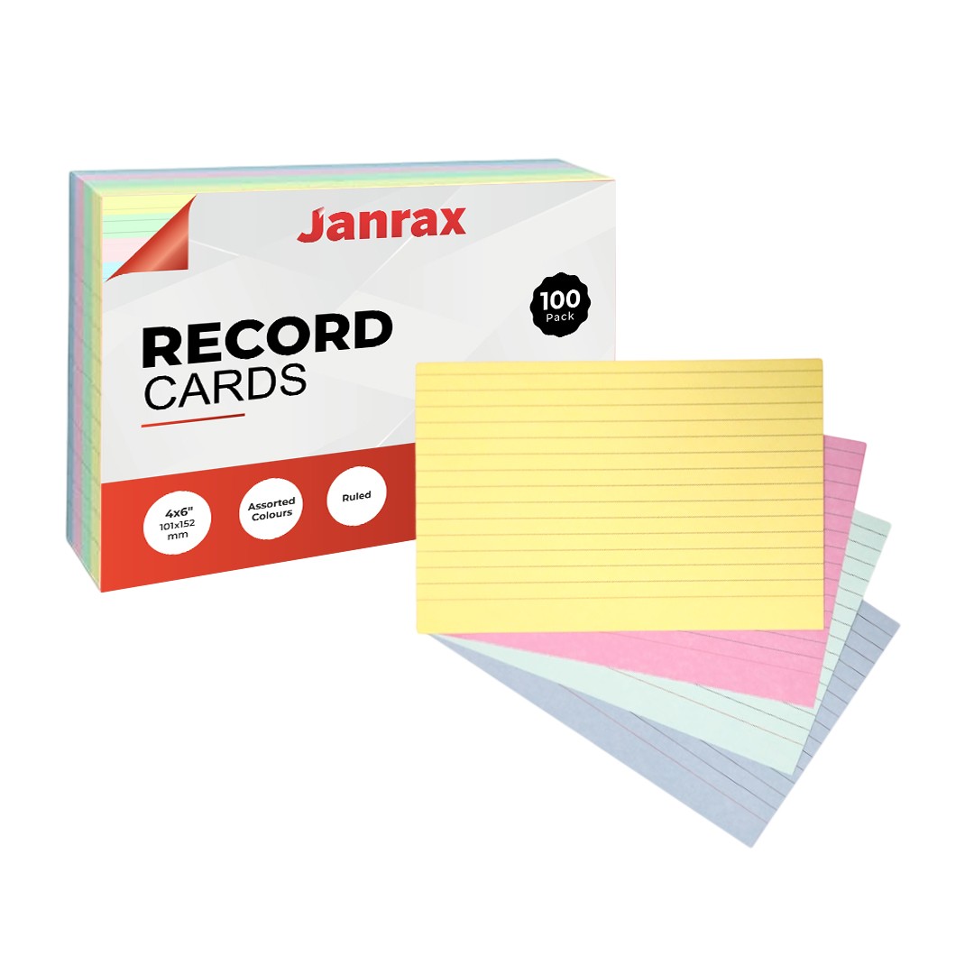 Pack of 100 Assorted Colour Ruled 6x4"" Record Cards – for Notes, Revision