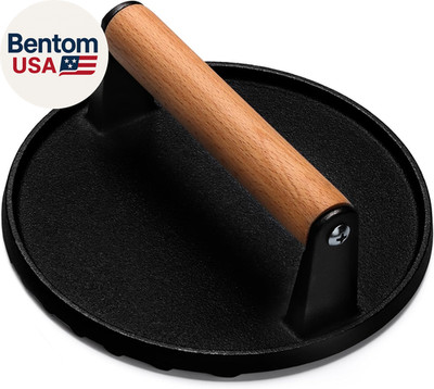 Burger Press, 7'' round Heavy-Duty Cast Iron Smash Bacon Press Meat Steak with Wo