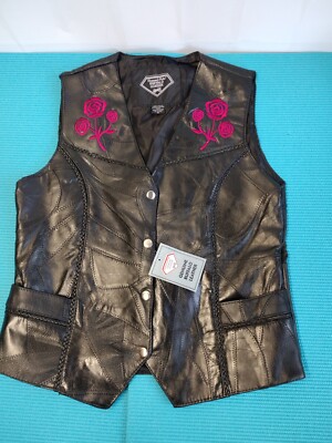 Diamond Plate Buffalo Leather Womens Black Vest Embroidered Front Pockets Size M
