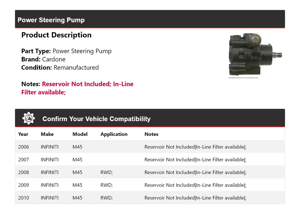 Насос гидроусилителя руля Cardone 2007 2008 2009 для 2006-2010 INFINITI M45 - Изображение 2 из 4
