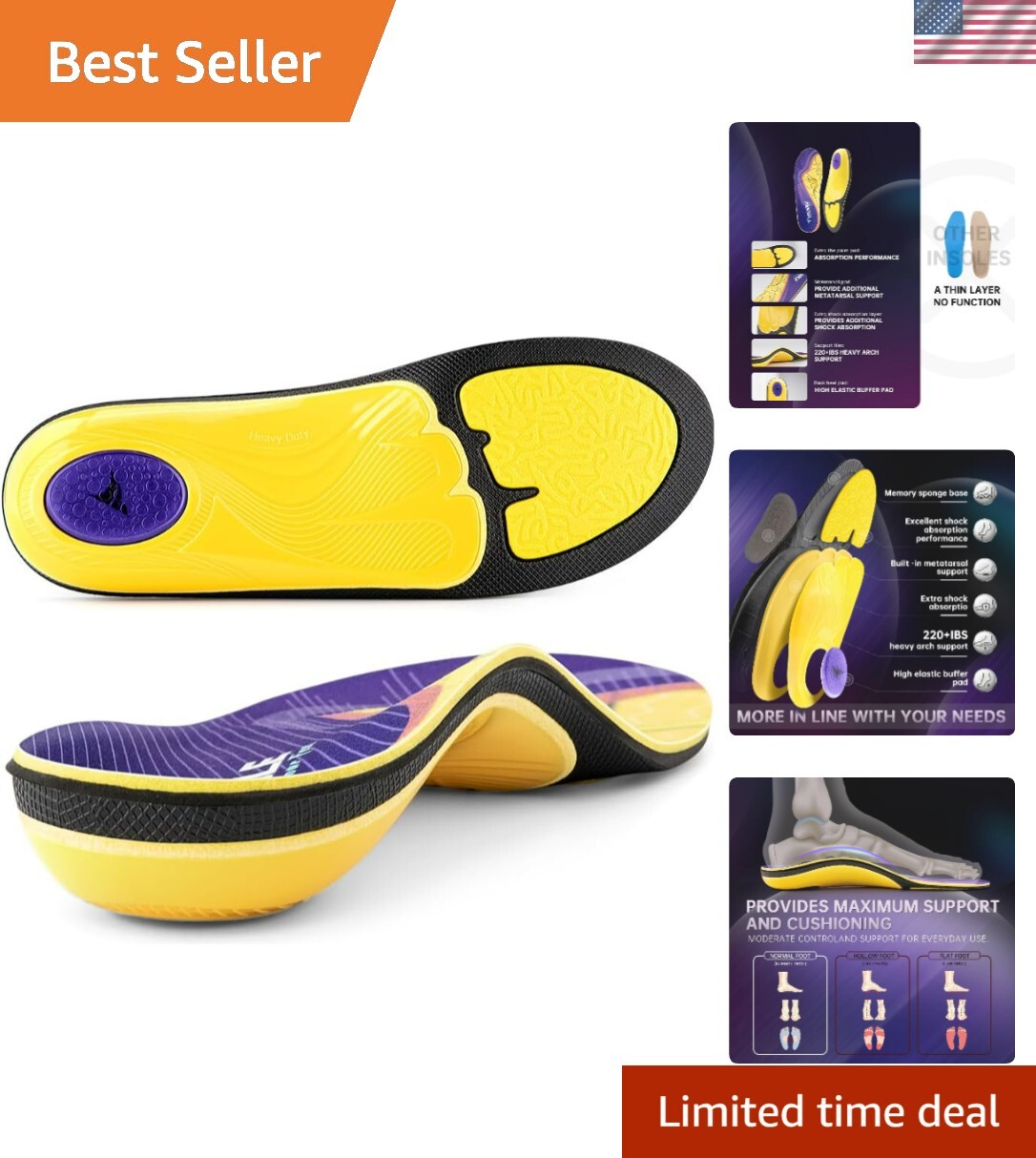 Heavy Duty Orthotic Insoles for Plantar Fasciitis Relief – Supports 220+ lbs High Arch Pain