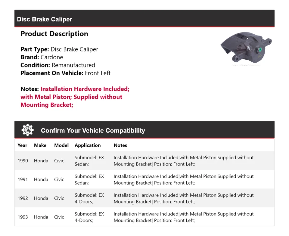 Pinza de freno de disco delantera izquierda cardone 1991 1992 para Honda Civic 1990-1993 Foto 2 de 4