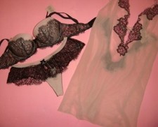 Victoria's Secret 32D,34B BRA SET SLIP ice pink black gold CRYSTAL FASHION SHOW
