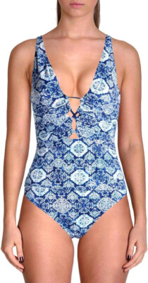 LAUREN RALPH LAUREN Aegean Tile Loop Front Over The Shoulder One-Piece Blue 4