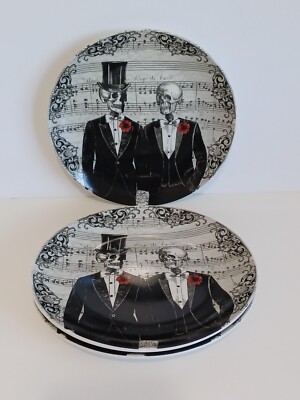 Fun Bones Halloween Skeleton Bride & Groom Wedding Couple Desert Plates Set of 3