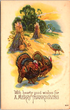 A Merry Thanksgiving Three Turkeys Pumpkin Corn Stalks Postcard A94