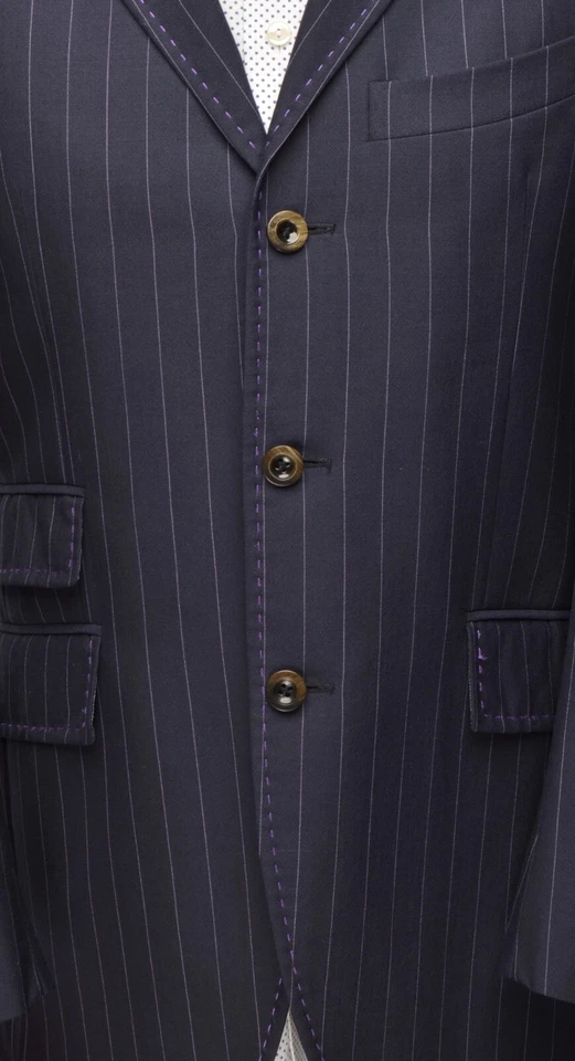 Men's ETRO Milano Navy With Purple Pinstripe 3Btn Wool Suit Sz EUR 48R UK 38R - Image 4 of 4