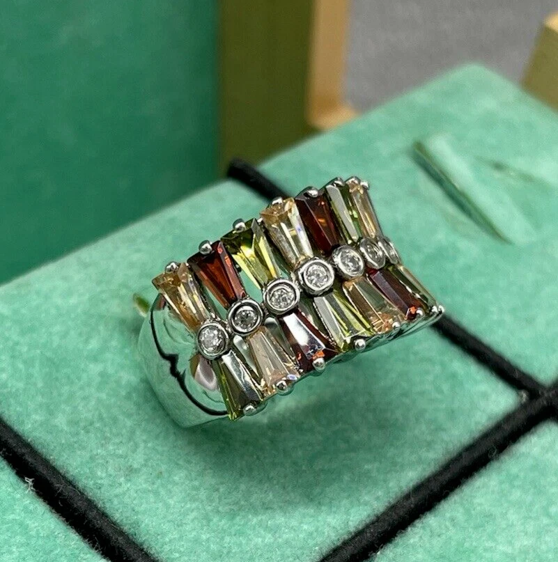ANELLO DONNA DOPPIA FASCIA DI PIETRE MULTICOLORE BAGUETTE IN ARGENTO 925 LUXURY. - Immagine 4 di 4