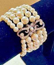 5 Strand Stretch Cuff Faux Cream Pearl Clear Rhinestone Clasp Designer Classic