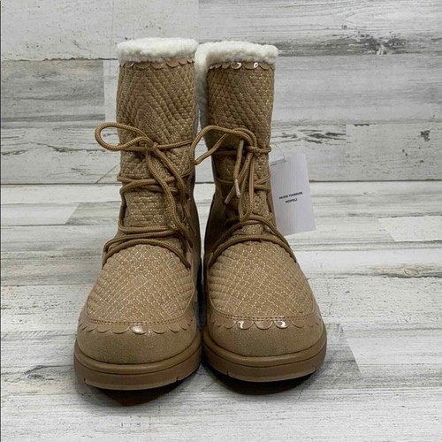 Lands End Slipper Boot Youth Girls 6M Tan Sherpa Lined Lace Up NEW - Picture 3 of 9