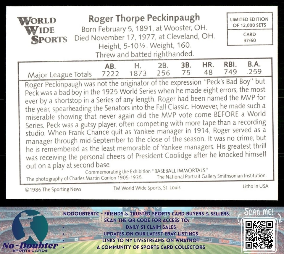 1986 Conlon World Wide Sports Series 1 #37 Roger Peckinpaugh Yankees 5.2B - Image 2 of 2