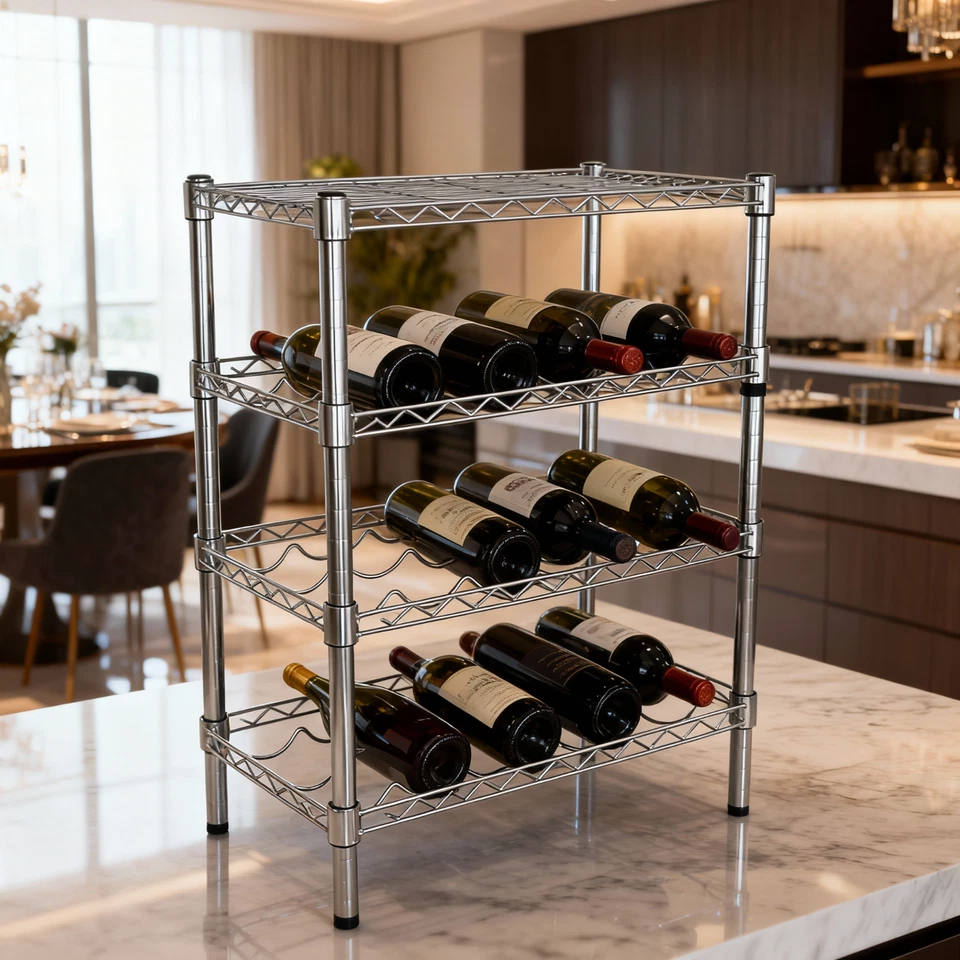 SCAFFALE PORTABOTTIGLIE METALLO CROMATO 4 RIPIANI 3 WINE RACK 60x35x90cm - Immagine 2 di 2