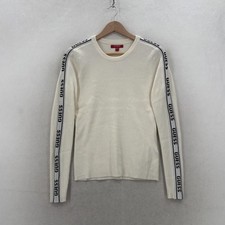 GUESS Jasmine LS Sweater Womens Large White Logo Tape Crew Neck Ribbed Knit NWT