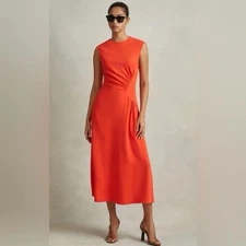 Reiss Stacey Side Ruched Midi Dress Orange Sleeveless Minimalist Sz 8