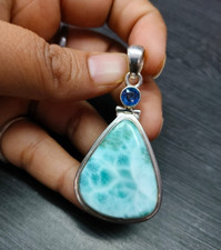 Natural Larimar Gemstone Pendant Blue Quartz 925 Sterling Silver Women's Jewelry