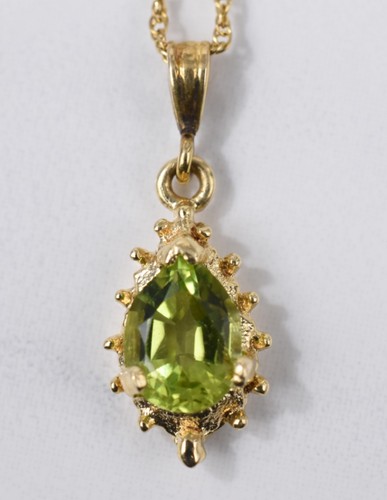 14k Yellow Gold Pear Faceted Peridot Pendant, Beaded Mount, 16" Chain, 1.6g - Picture 5 of 12