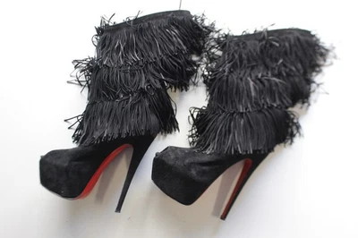 CHRISTIAN LOUBOUTIN Bottines à franges veau velours noir T 38.5 (33283) - Photo 1/4