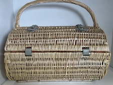 PICNIC TIME Woven & Lined Pink Black Triangles Barrel Picnic Basket Only EMPTY