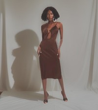 Chocolate Brown Rib & Satin Cut Out Front Side Split Cami Midi Dress Size S 8