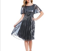 Adrianna Papell Midi Dress Size 2 Gray Pleated Metallic Foil Gunmetal 