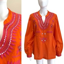 Tory Burch Claudia Embroidered Cotton Tunic Top Womens Size 14 Mirror Beaded