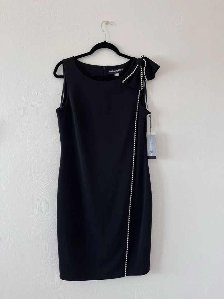 NWT Karl Lagerfeld Paris Womens Solid Sheath Dress with Bow Shoulder and Pearls - Image 3 of 4