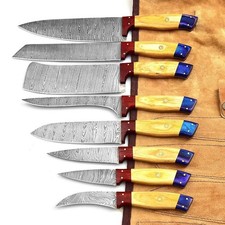 8PCS Handmade Damascus Steel Chef Knife Set Kitchen Knives w/ Leather Roll Bag