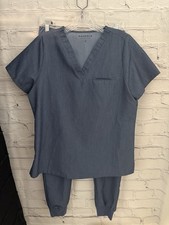Mandala 2 Piece Set Blue Denim Looking Joggers Scrub Top Women's Size M