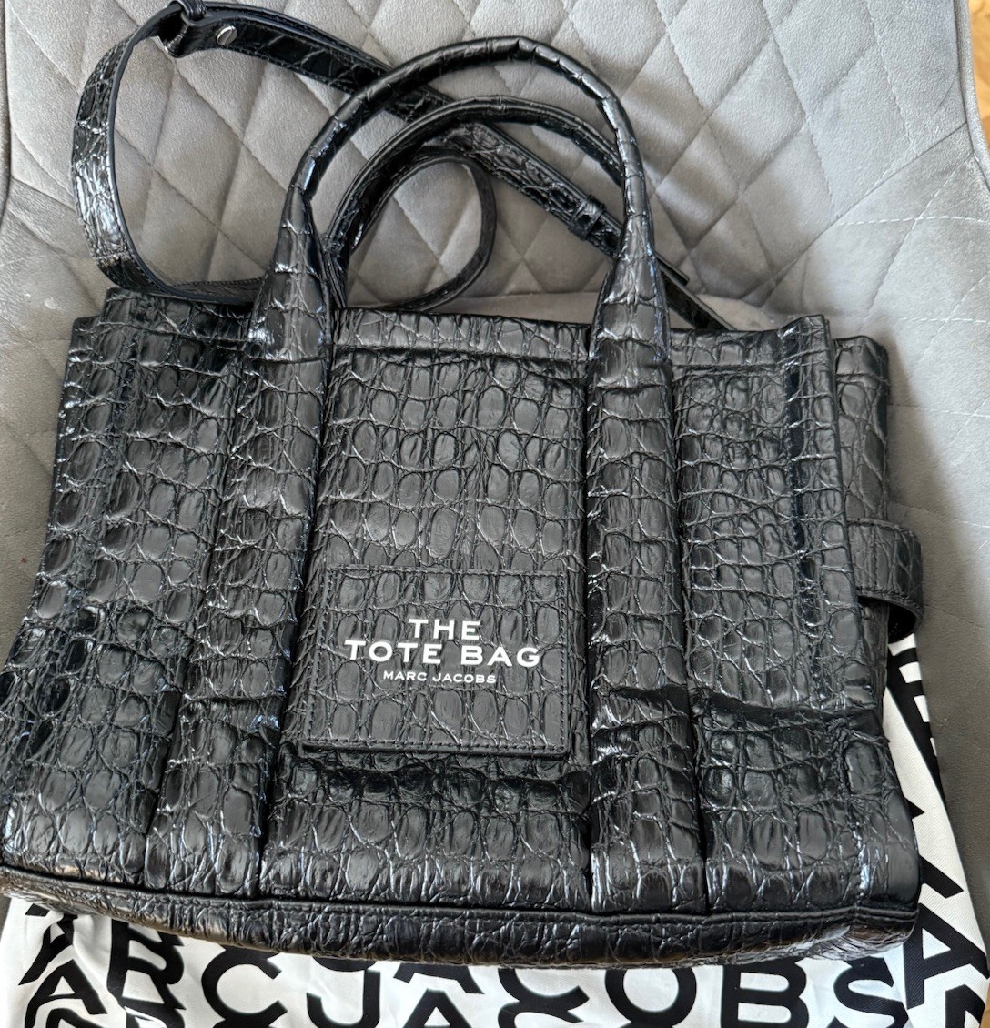 MARC JACOBS 'THE TOTE BAG' MEDIUM CROC EMBOSSED LEATHER BLACK NEW
