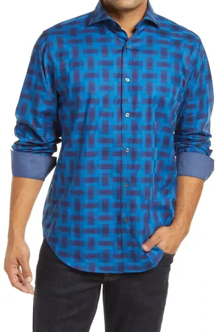 Bugatchi Long Sleeve Night Blue Plaid Classic Fit Button Down Shirt NWT XXL
