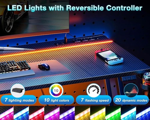 Gaming Desk LED Lights & Power Outlet Computer 31.5inch Small Space Carbon Fiber - Picture 4 of 6