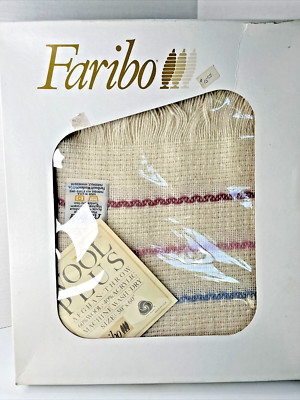 New Vintage Faribo 100% Wool Plus Blanket Double Beige Pink and Blue USA 50x60''
