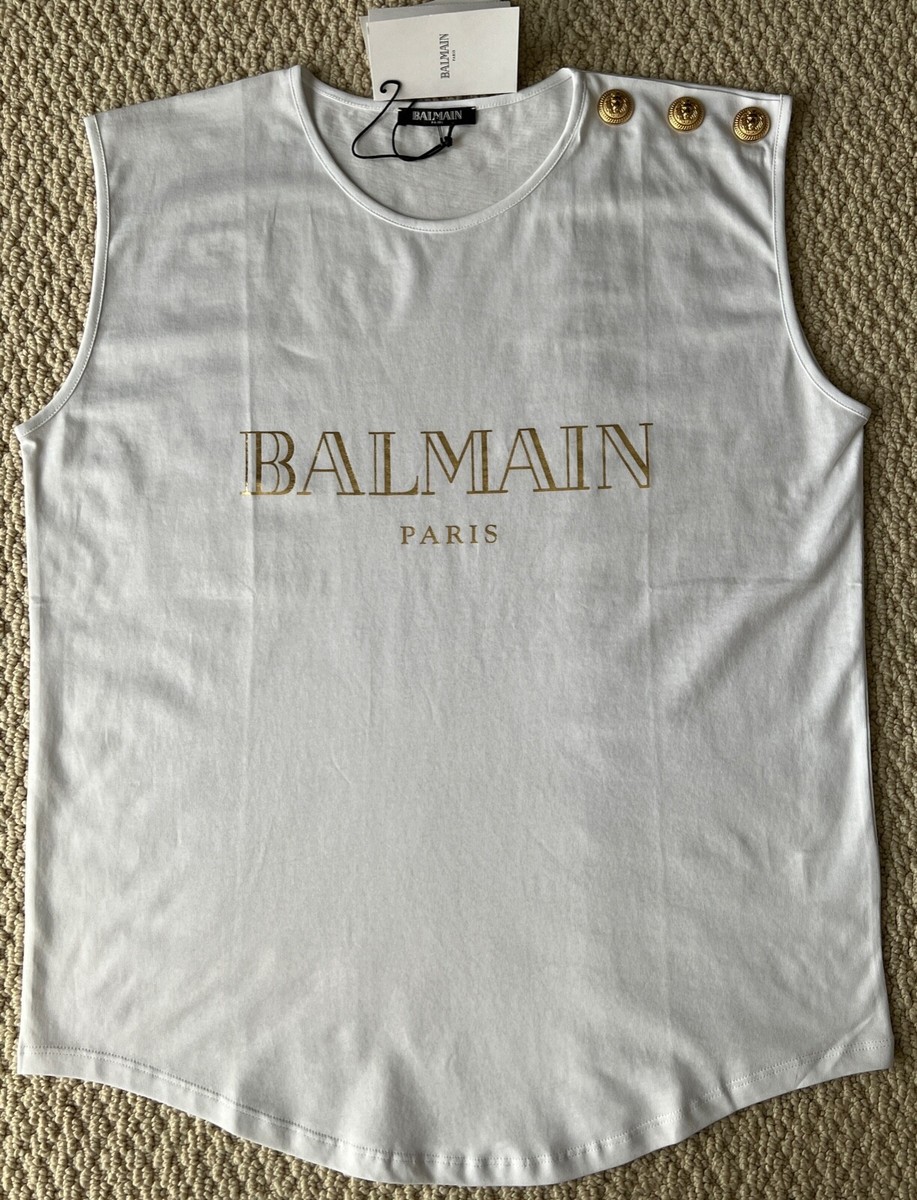 NWT Balmain White Gold Logo Lion Shoulder Button Sleeveless