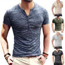 Hommes Bouton Henley Col V T-Shirt Extensible Haut T-Shirt Manche Courte Slim
