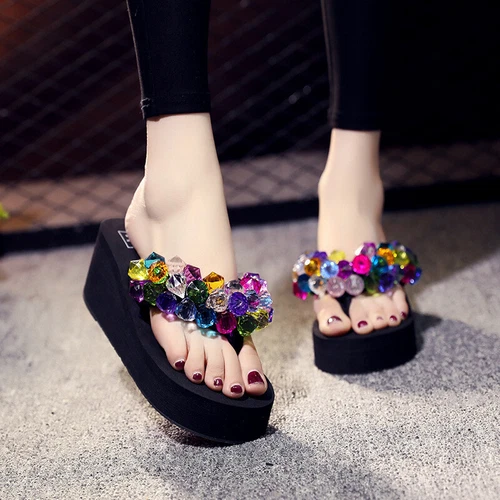 Chanclas de mujer con estrás tacón de cuña sandalias de plataforma zapatillas de verano zapatos - Imagen 8 de 12