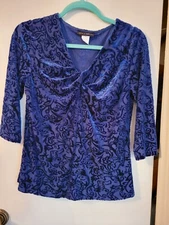 Jennie & Marlis Womens Size PM Royal Blue Stretch Layered Blouse Velvet Burnout