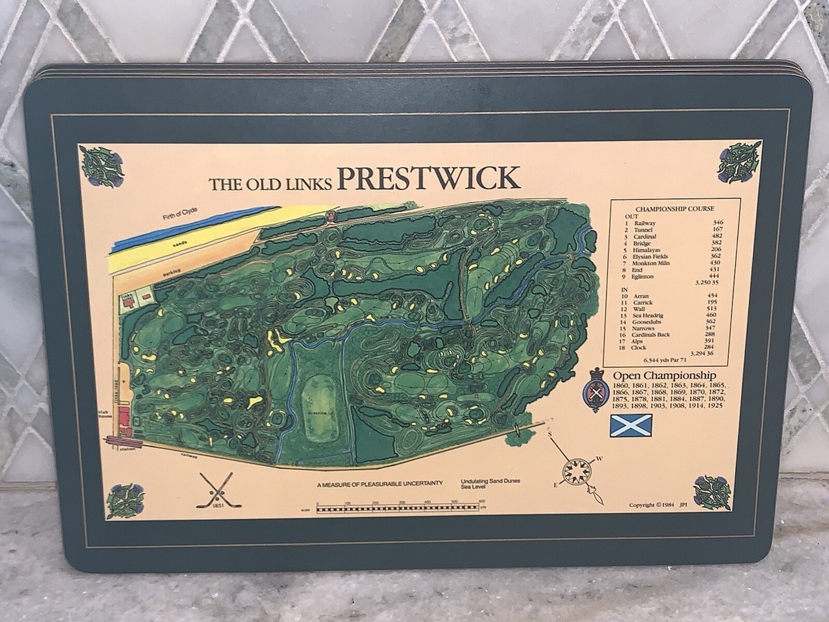 スコットランド 古地図 金色フレーム Vtg '84 Old Tom Morris 1851 Links PRESTWICK Golf Course Map