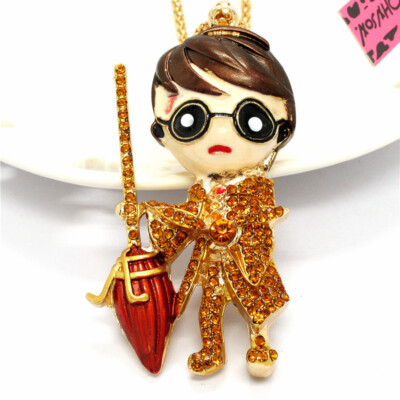Hot Fashion Womens Champagne Crystal Enamel Magic Broom Eye Boy Pendant Necklace