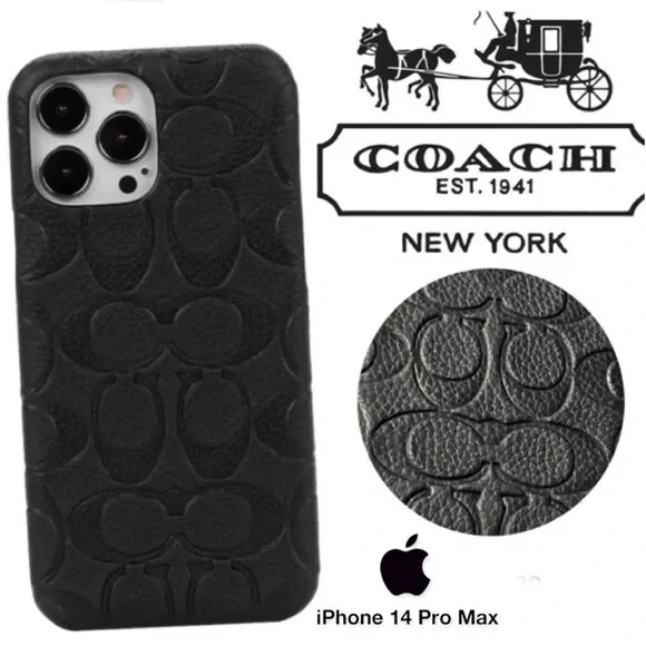 COACH Black Leather Embossed Logo MagSafe iPhone 13 14 PRO MAX