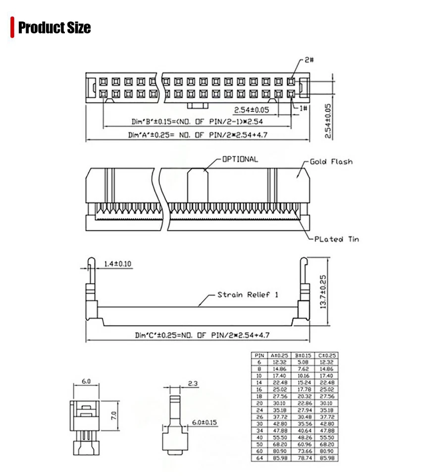 2.54MM Pitch Female Header IDC Socket Connector FC-6/8/10/14/16/20/26/30/34/40P - Image 2 of 4