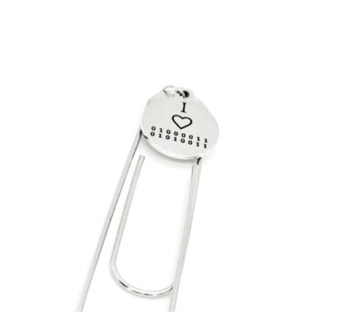 I Love CS Charm Paperclip Bookmark, Binary Code Letters, Computer Science Major
