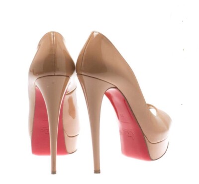 CHRISTIAN LOUBOUTIN 100% AUTHENTIC BEIGE PATENT LEATHER LADY PEEP TOE PUMP  SHOES
