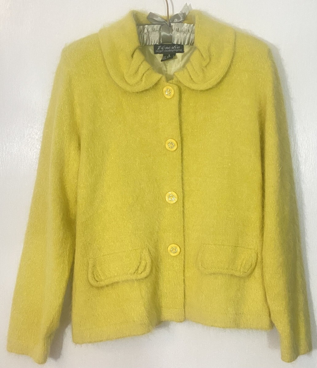 Venesha Angora Fur Sweater Jacket Buttons Soft Yellow Size Small