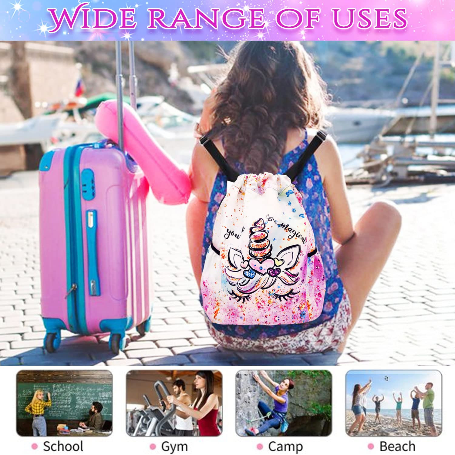 Drawstring Backpack for Kids ,Gym Dance Bag ,With Two Water Bottle Holder