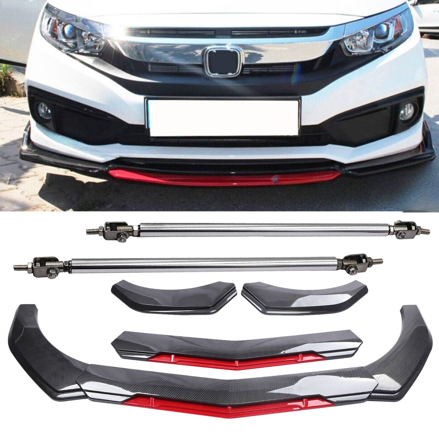 For Honda Civic 9th Gen Front Bumper Lip Spoiler Splitter Strut Rod Carbon Fiber
